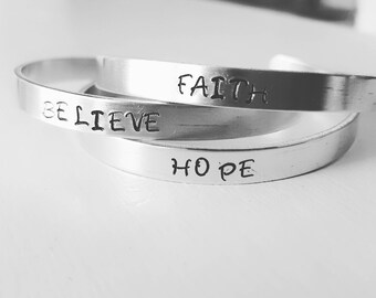 Stamped Words Bracelet, Faith Bracelet, Believe Bracelet, Hope Bracelet, Religious Jewelry, Hammered Cuff Bracelet, Aluminum Bracelet