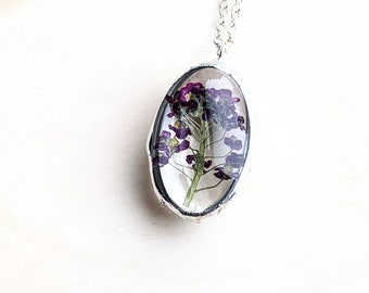 Purple Flower Glass Pendant Necklace, Soldered Glass Jewelry, Alyssum Flowers Glass Necklace, Garden Flower Necklace, Floral Jewelry