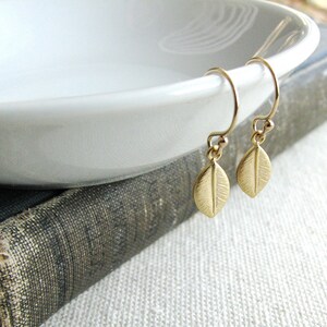 Gold Leaf Earrings Gold Filled Nature Naturalist Gift Dangles Minimalist Small Delicate Bridal Jewelry Botanical image 4