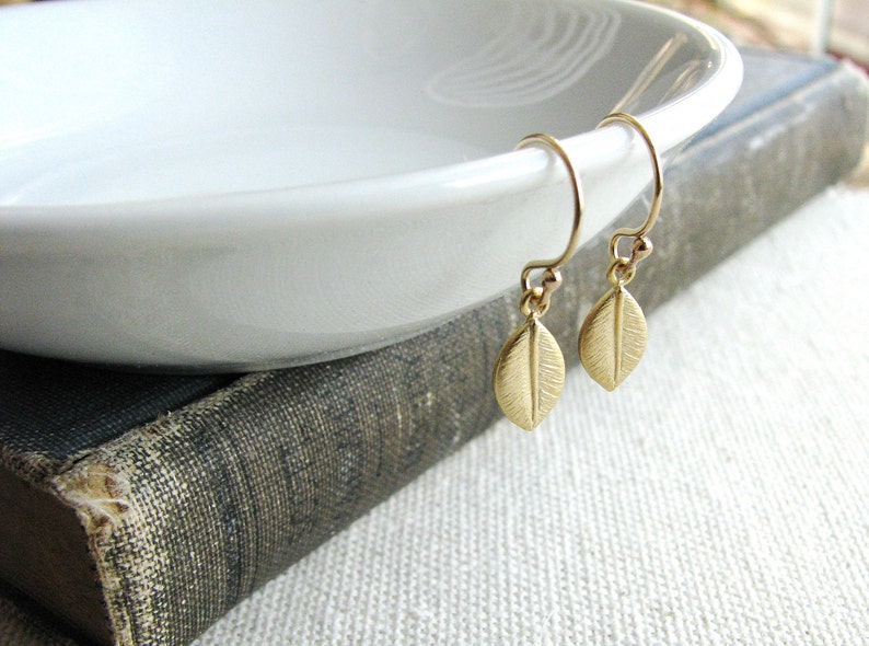 Gold Leaf Earrings Gold Filled Nature Naturalist Gift Dangles Minimalist Small Delicate Bridal Jewelry Botanical image 4