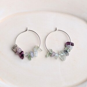 Fluorite Hoop Earrings, Stone Chip Earrings, Bead Earrings, Geology Jewelry, Silver Jewelry image 1