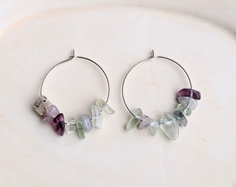 Fluorite Hoop Earrings, Stone Chip Earrings, Bead Earrings, Geology Jewelry, Silver Jewelry