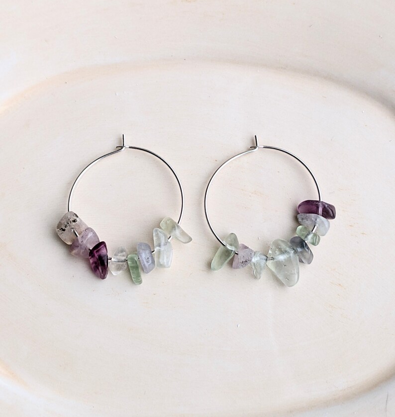 Fluorite Hoop Earrings, Stone Chip Earrings, Bead Earrings, Geology Jewelry, Silver Jewelry image 1