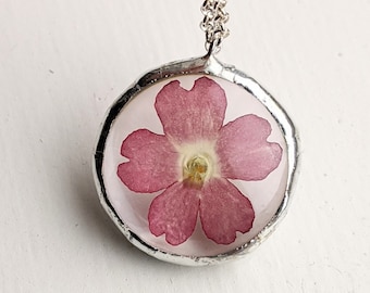 Pink Verbena Flower Glass Pendant Necklace, Soldered Glass Jewelry, Glass Necklace, Garden Flower Necklace, Floral Jewelry