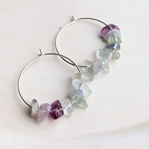 Fluorite Hoop Earrings, Stone Chip Earrings, Bead Earrings, Geology Jewelry, Silver Jewelry image 2