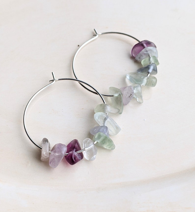 Fluorite Hoop Earrings, Stone Chip Earrings, Bead Earrings, Geology Jewelry, Silver Jewelry image 2