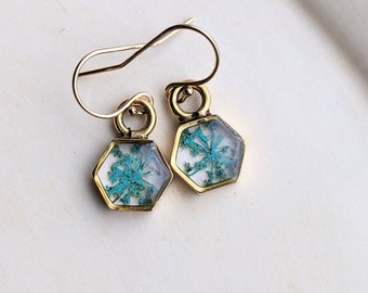 Teal Flower Hexagon Earrings, Geometric Earrings, Boho Earrings, Minimalist Earrings, Real Flower Earrings, Naturalist Gift