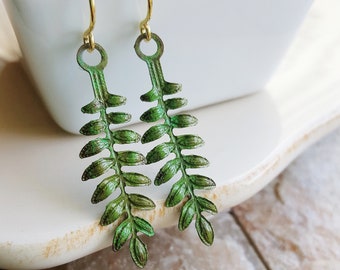 Green Fern Leaf Earrings, Patina Earrings, Metal Filigree Earrings, Leaf Earrings, Nature Jewelry, Leaf Jewelry