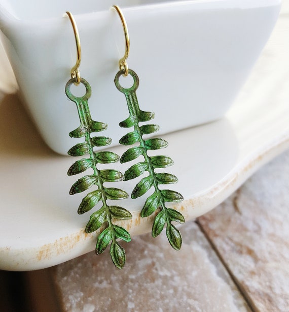 Green Fern Leaf Earrings, Patina Earrings, Metal Filigree Earrings, Leaf Earrings, Nature Jewelry, Leaf Jewelry