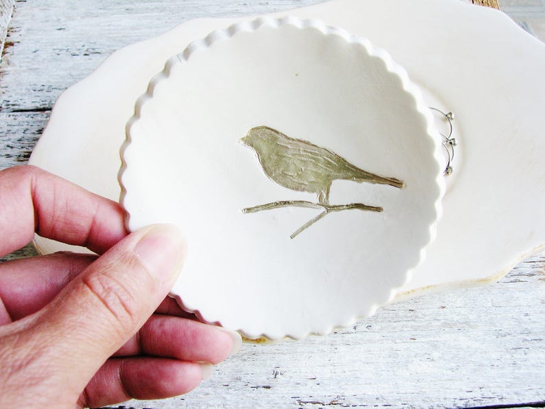 White Gold Sparrow Ring Dish, Wedding Ring Dish, Bridesmaid Gift, Metallic Ring Dish, Clay Ring Dish, Clay Bowl, Bird Ring Dish image 2