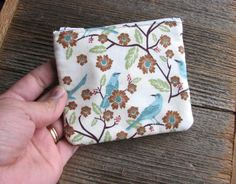 Zippered Clutch Purse Coin Purse Pouch Cosmetic Bag Small Zipper Brown Blue Hand Bag Jewelry Pouch Quilted Fabric Nature Inspired Material image 4