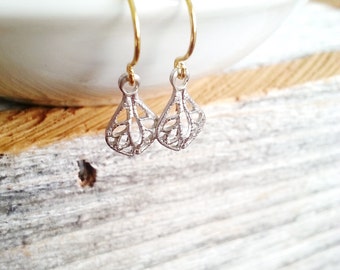 Silver Filigree Earrings, Mixed Metal Earrings, Small Dangles, Silver & Gold Earrings, Minimalist Earrings