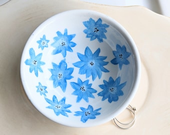 Painted Blue Flowers Ring Dish, Art Ring Dish, Hand Painted Jewelry Storage, Nature Ring Dish