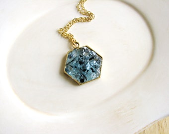 Hexagon Necklace with Blue Glass Chips, Boho Necklace, Bohemian Jewelry, Statement Jewelry, Minimalist Necklace