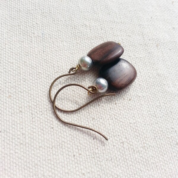 Beaded Wood Earrings Glass Pearls For Her Gift Wood Squares Minimalist Bridal Boho Chic Statement Modern Pale Blue Brown