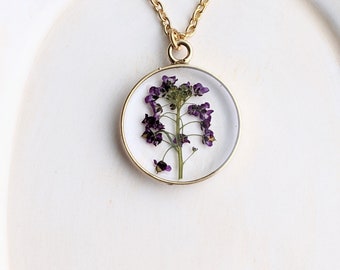 Purple Alyssum Flowers Necklace, Pressed Flower Jewelry, Nature Jewelry, Pressed Flower Necklace, Real Dried Flowers Necklace