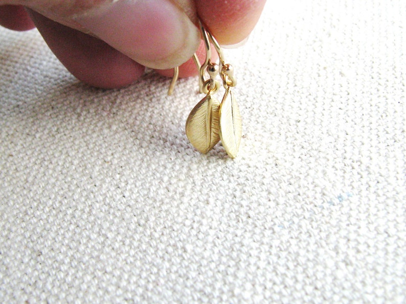 Gold Leaf Earrings Gold Filled Nature Naturalist Gift Dangles Minimalist Small Delicate Bridal Jewelry Botanical image 5