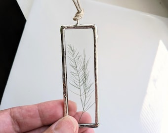 Framed Asparagus Fern Leaf Ornament, Christmas Tree Ornament, Pressed Flowers Ornament, Dried Flower Art, Soldered Glass Wall Art