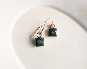 Blue Green Resin Earrings, Metallic Silver Earrings, Geometric Earrings, Square Boho Earrings, Minimalist Earrings