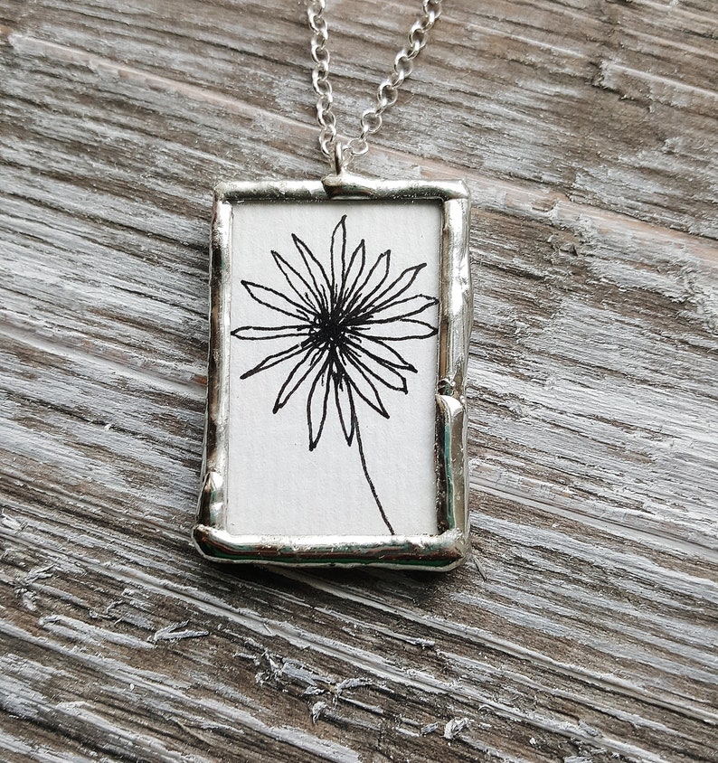 Botanical Art Necklace, Soldered Glass Necklace, Framed Glass Pendant Necklace, Black and White Necklace, Soldered Jewelry, Nature Necklace image 5