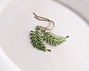 Fern Leaf Earrings, Green Leaf Earrings, Dangle Earrings, Verdigris Patina Earrings, Minimalist Jewelry