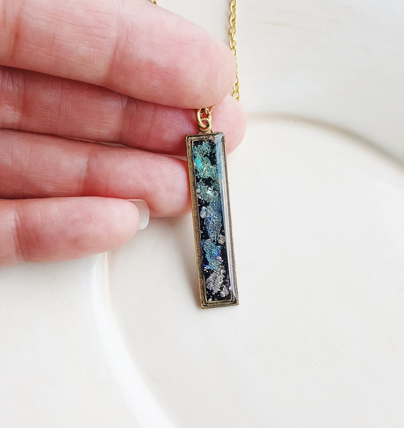 Faux Dichroic Glass Bar Necklace, Colorful Resin Jewelry, Polymer Clay Jewelry, Blue Purple Rainbow Necklace, Gold Flake Necklace image 4