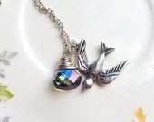 Silver Bird Necklace Glass Jewel Necklace Briolette Songbird Wire Wrapped Delicate Minimalist Nature Inspired Naturalist Blue Jewel Gem