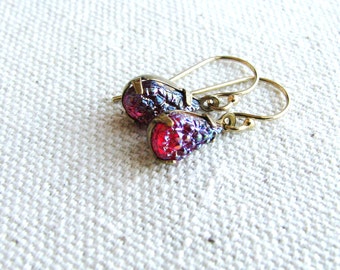 Glass Jewel Earrings Vintage Cut Gems Cherry Red Tear Drop Gold Filled Estate Style Minimalist Modern Bridal Jewelry Sparkly