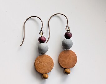 Jasper and Wood Bead Earrings, Wood Jewelry, Stone Earrings, Minimalist Earrings, Eco Earrings, Statement Earrings