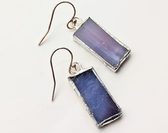 Purple Glass Earrings, Stained Glass Earrings, Soldered Earrings, Silver Earrings, Rustic Glass Earrings, Bezel Minimalist Earrings,
