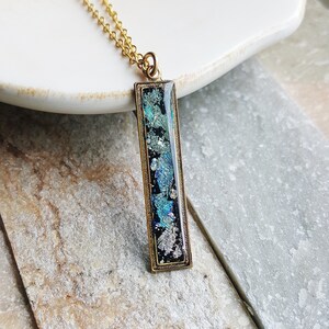 Faux Dichroic Glass Bar Necklace, Colorful Resin Jewelry, Polymer Clay Jewelry, Blue Purple Rainbow Necklace, Gold Flake Necklace image 3