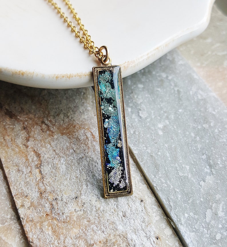 Faux Dichroic Glass Bar Necklace, Colorful Resin Jewelry, Polymer Clay Jewelry, Blue Purple Rainbow Necklace, Gold Flake Necklace image 3