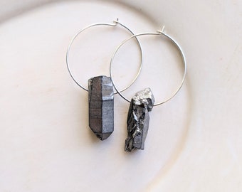 Quartz Point Earrings, Silver Quartz Earrings, Raw Quartz Earrings, Silver Hoop Earrings, Boho Earrings, Geology Earrings, Stone Earrings