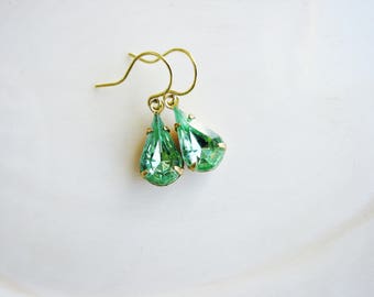 Green Vintage Glass Jewel Earrings, Estate Style Cut Glass Gem Earrings, Tear Drop Gold Filled, Modern Bridal Jewelry, August Birthday