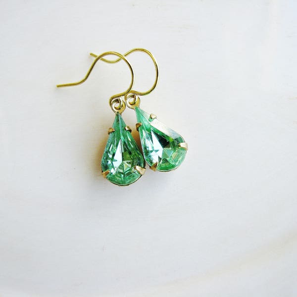 Green Vintage Glass Jewel Earrings, Estate Style Cut Glass Gem Earrings, Tear Drop Gold Filled, Modern Bridal Jewelry, August Birthday