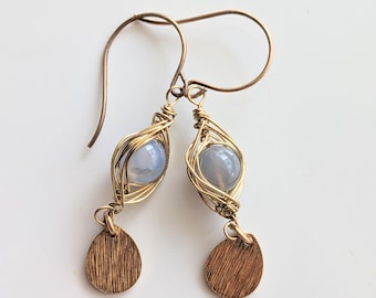 Brass Wire Herringbone Earrings, Blue Agate Bead Earrings, Long Dangle Earrings, Statement Earrings, Gold Drop Earrings