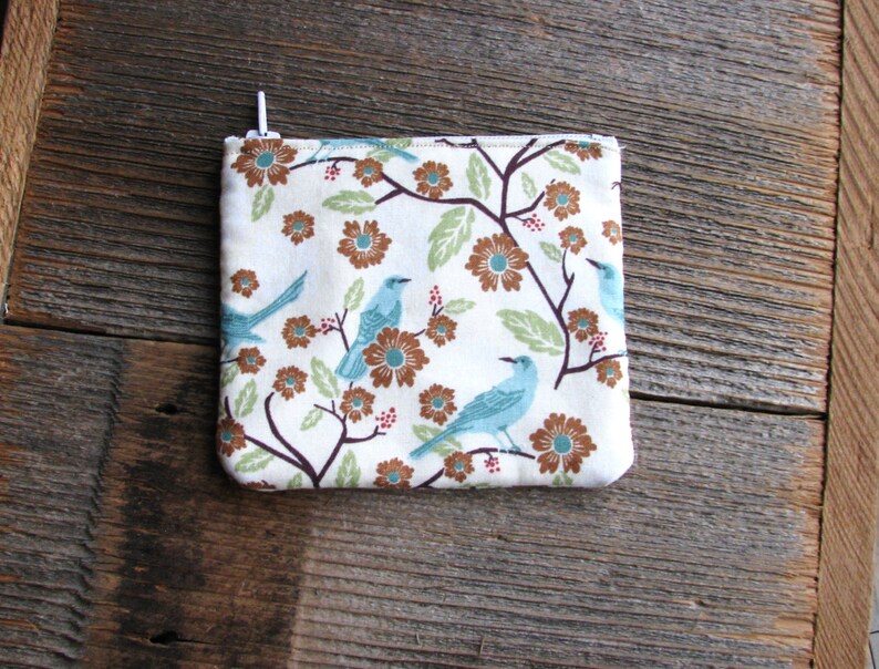 Zippered Clutch Purse Coin Purse Pouch Cosmetic Bag Small Zipper Brown Blue Hand Bag Jewelry Pouch Quilted Fabric Nature Inspired Material image 3