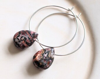 Jasper Teardrop Earrings, Stone Hoop Earrings, Stone Earrings, Silver Hoops, Boho Earrings, Geology Earrings