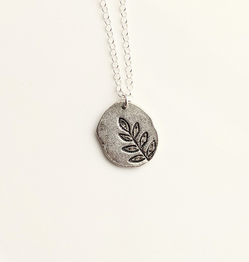 Pewter Fern Leaf Necklace, Stamped Necklace, Pendant Necklace, Focal Statement Necklace image 1