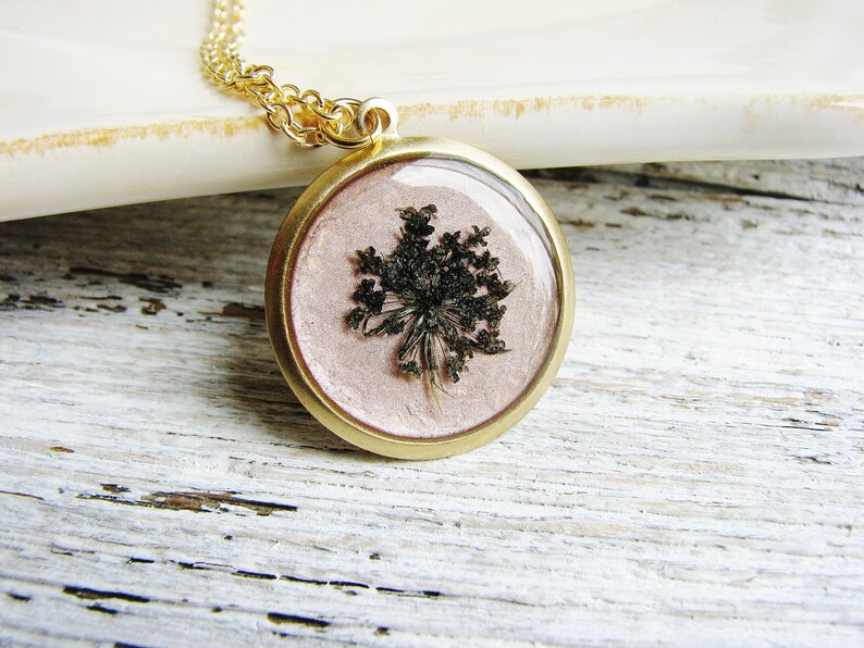 Pressed Flower Jewelry, Black Queen Anne's Lace Necklace, Pressed Flowers Necklace, Rose Gold Jewelry, Resin Jewelry image 1