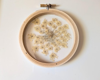 Framed Flowers Wall Art, Queen Anne's Lace Flowers, Hoop Art Decor, Botanical Gifts, Floral Arts, White Flowers, Nature Lovers Gift