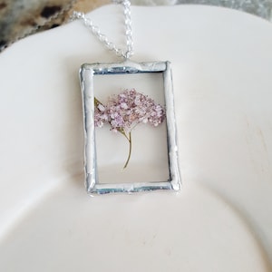 Purple Spirea Flowers Necklace, Soldered Glass Necklace, Framed Glass Pendant Necklace, Flower Necklace, Soldered Jewelry, Nature Necklace