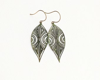 Long Leaf Earrings, Metal Filigree Earrings, Patina Painted Earrings, Minimalist Nature Jewelry, Boho Earrings