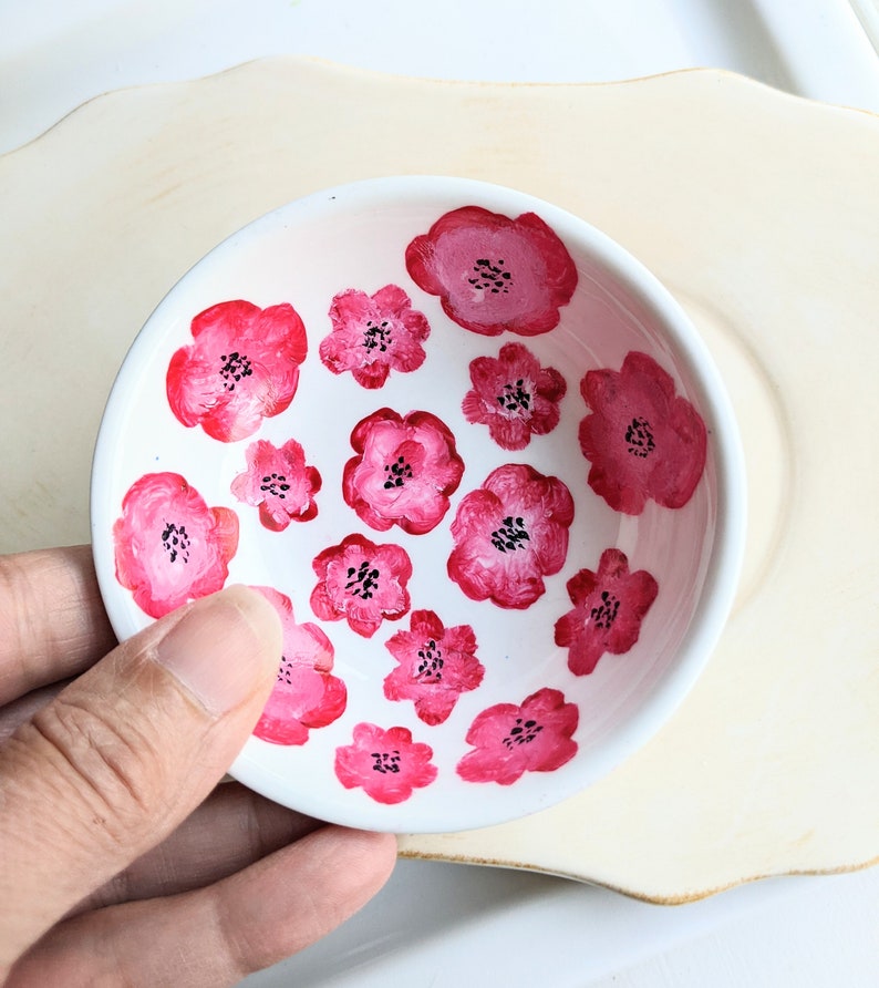 Hand Painted Red-Pink Flowers Ring Dish, Art Ring Dish, Hand Painted Jewelry Storage, Nature Ring Dish image 1