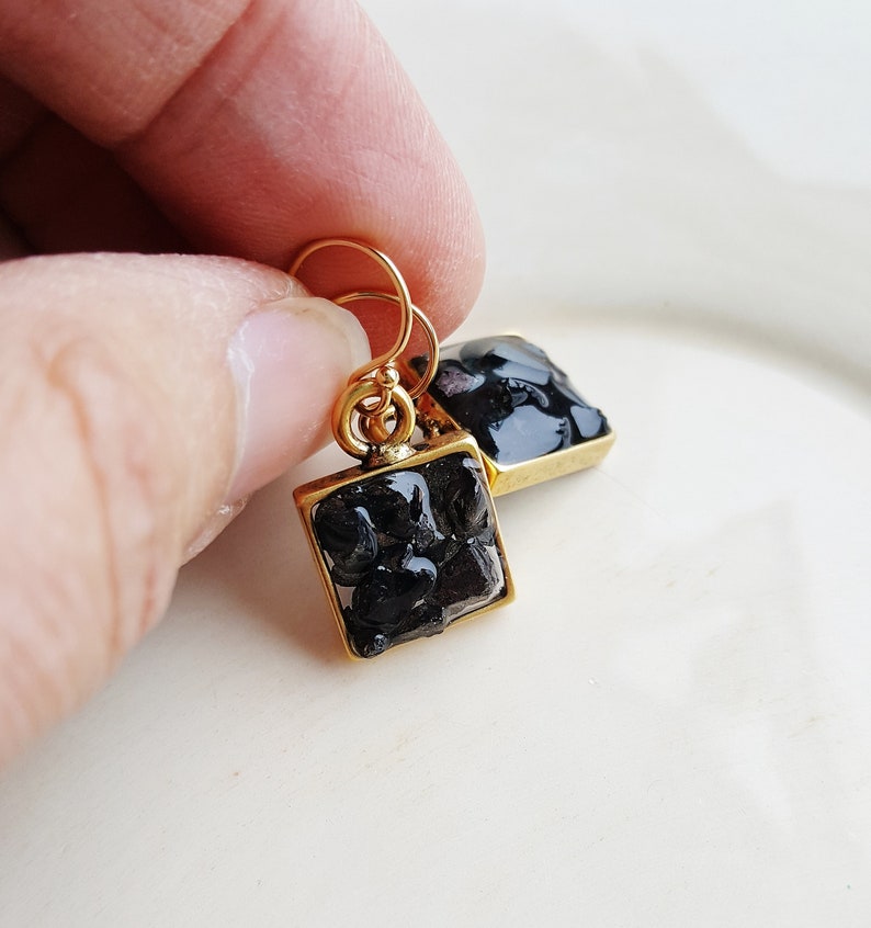 Smokey Glass Chip Earrings, Smoky Black Earrings, Geometric Earrings, Glass Earrings, Delicate Gold Earrings, Minimalist Earrings image 3