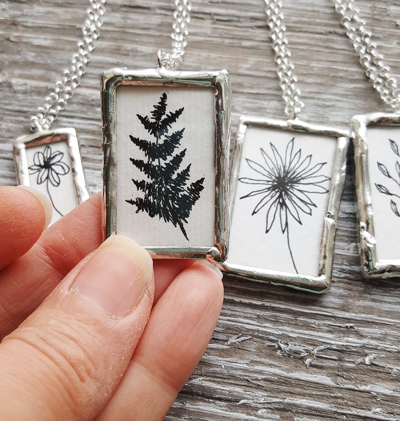 Botanical Art Necklace, Soldered Glass Necklace, Framed Glass Pendant Necklace, Black and White Necklace, Soldered Jewelry, Nature Necklace image 3