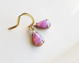 Vintage Glass Earrings, Pink Opal Jewel Earrings, Faux Opal Earrings, Estate Style Gem Earrings, Tear Drop Bridal Jewelry, Opal Birthday