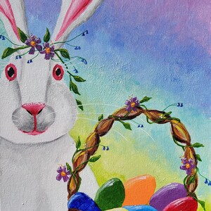 Easter Bunny Acrylic Painting, White Rabbit, Easter Basket, 12x 16 Canvas Board, Dyed Easter Eggs, Rainbow Colors, Whimsical, Helen Eaton image 2