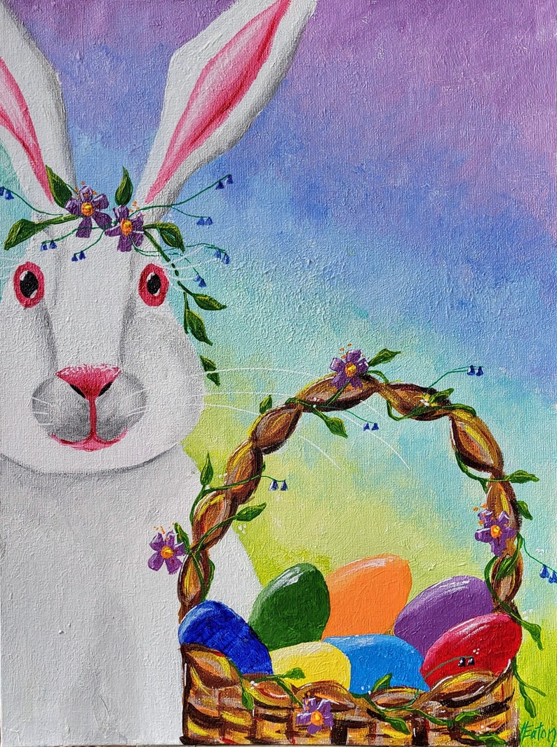 Easter Bunny Acrylic Painting, White Rabbit, Easter Basket, 12x 16 Canvas Board, Dyed Easter Eggs, Rainbow Colors, Whimsical, Helen Eaton image 2