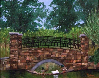 Park Painting, Bridge Painting, Duck Painting, Rock Bridge, Painting of Bridge,  Original Oil Painting, Framed, Helen Eaton